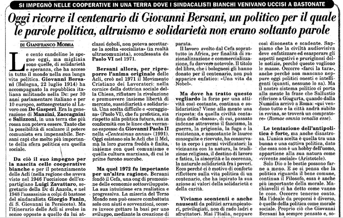 Oggi ricorre il centenario di Giovanni Bersani